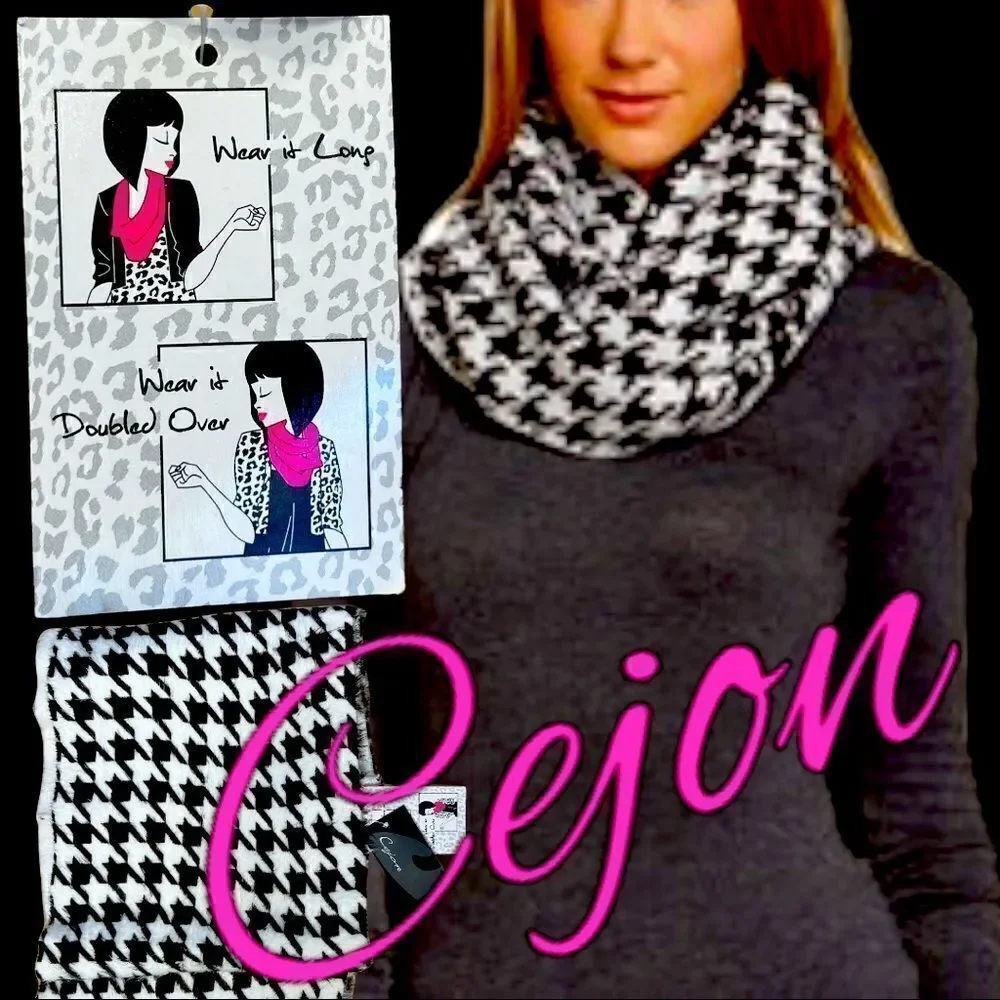 NWT  Cejon Infinity Houndstooth Black and White  Scarf